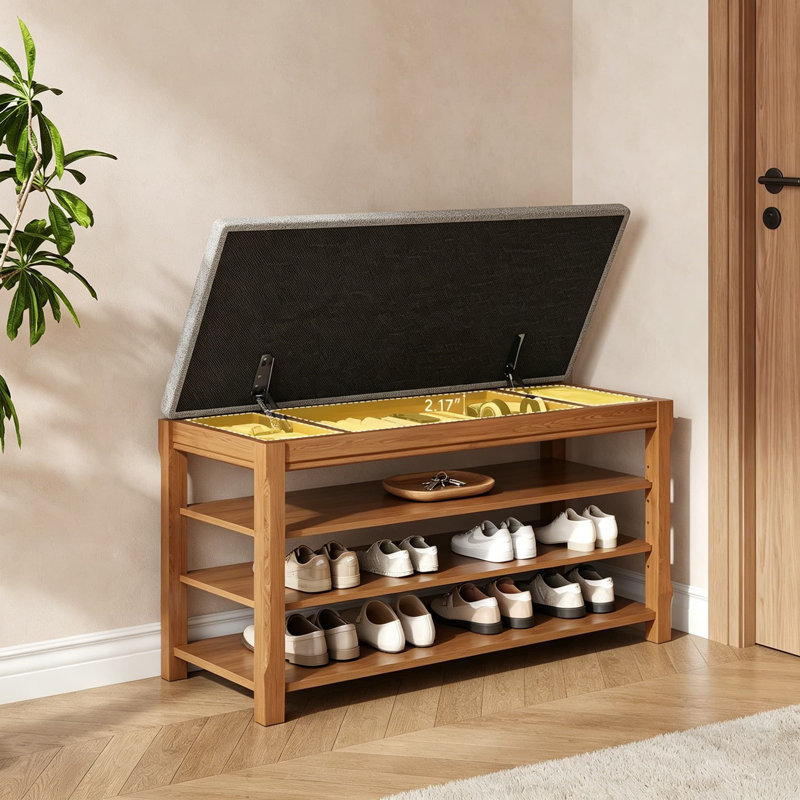 Banc de rangement pour chaussures en bois massif avec couvercle rabattable à fermeture en douceur, tablettes réglables, siège rembourré, range-chaussures pour vestibule, placard, vestibule, 39,4 po