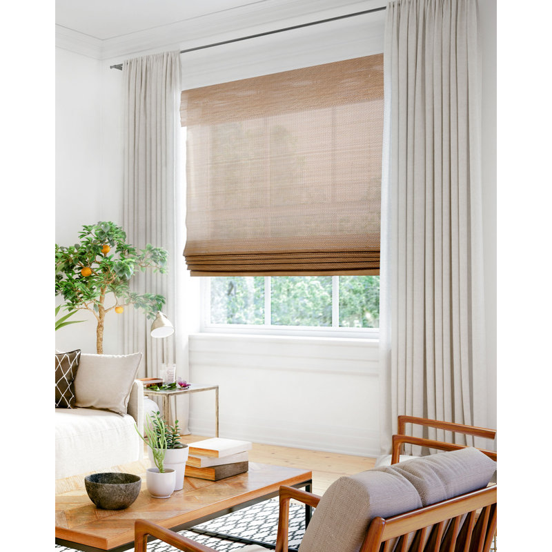 Cordless Light Filtering Woven Wood Bamboo Roman Shade with Valance, 32"W x 64"L, Acorn