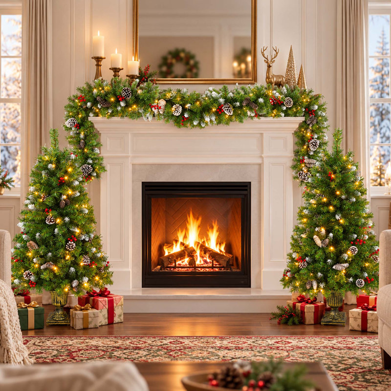 3-Piece Pre-Lit Christmas Tree and Garland Set with 210 Warm White LEDs