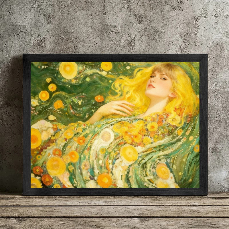 «Black Gustav Klimt», art abstrait avec femme et fleurs, H 17 po x l 13 po