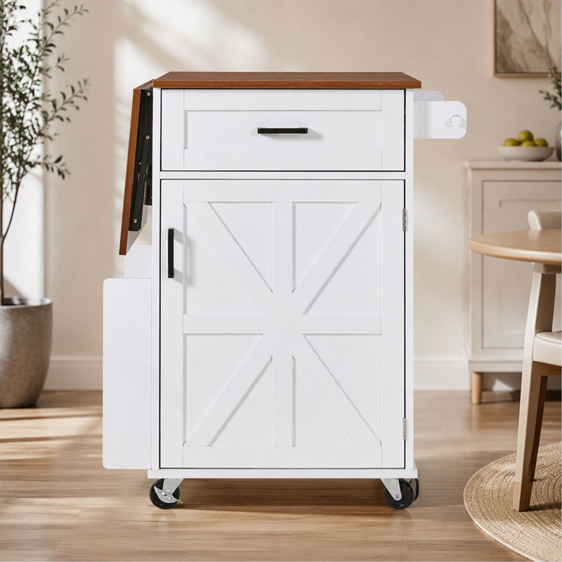 Îlot de cuisine K&K de style ferme de 100 cm avec abattant, îlot de rangement avec tablette latérale ouverte, tiroir, porte-serviettes, chariot de cuisine roulant avec roues verrouillables pour pelouse et jardin.