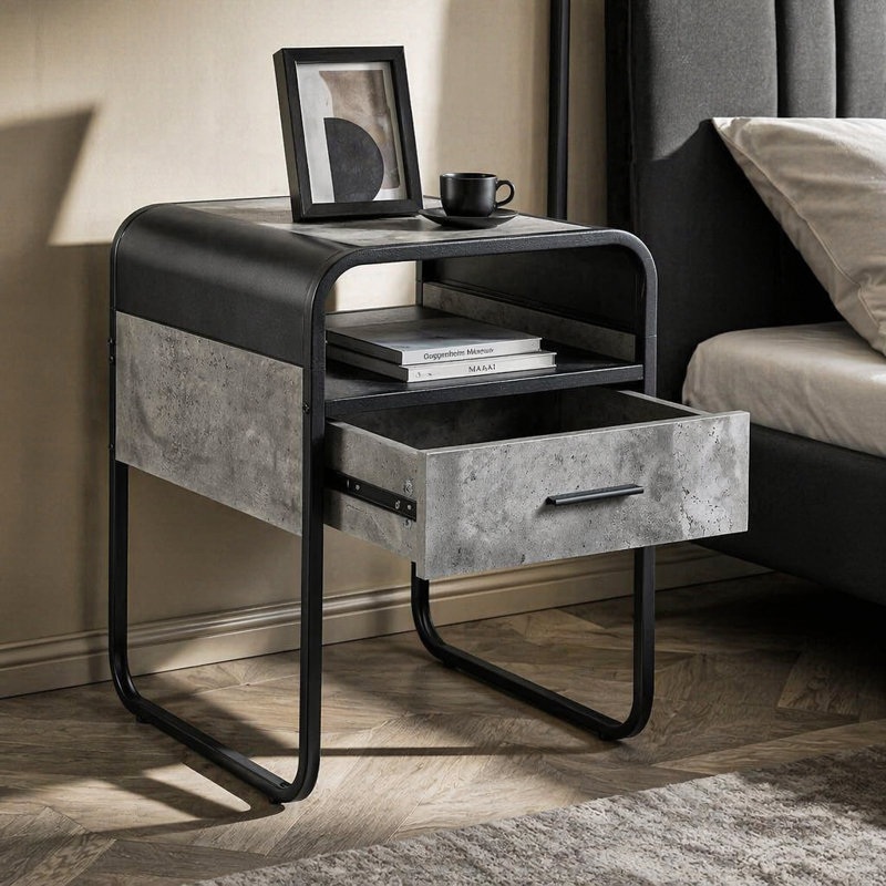 Table de bout en métal avec un tiroir, gris béton et noir