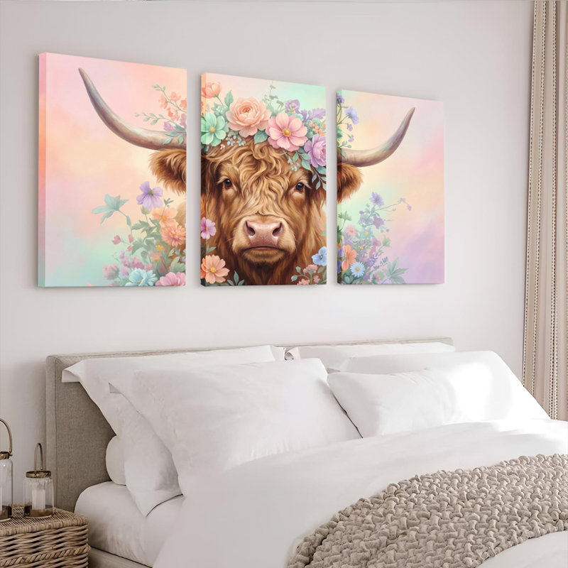 Ensemble de 3 tableaux sur toile représentant un taureau et des fleurs, pour la décoration du salon, de la chambre ou de la maison.