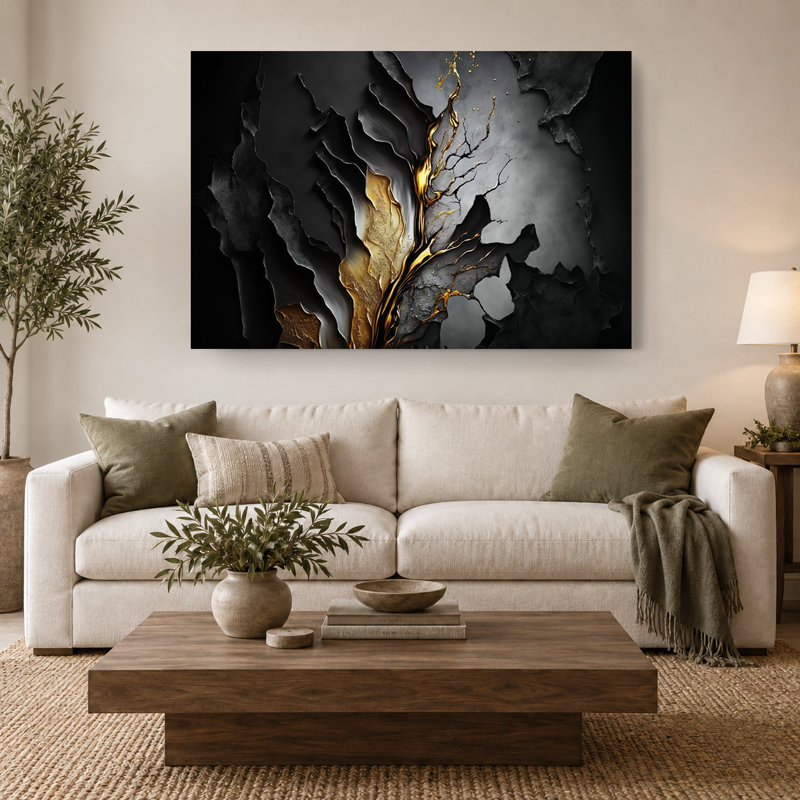 Art mural sur toile de luxe abstrait noir, doré et gris, toile tendue moderne, prête à être accrochée, 24" H x 36" W
