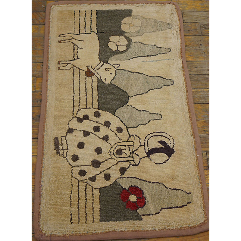 Antique American Hooked Ivory Wool 1920s Small Scatter Size Rug