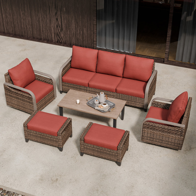 Wicker 5 - Person Modular Patio Conversation Set with Cushions, Red
