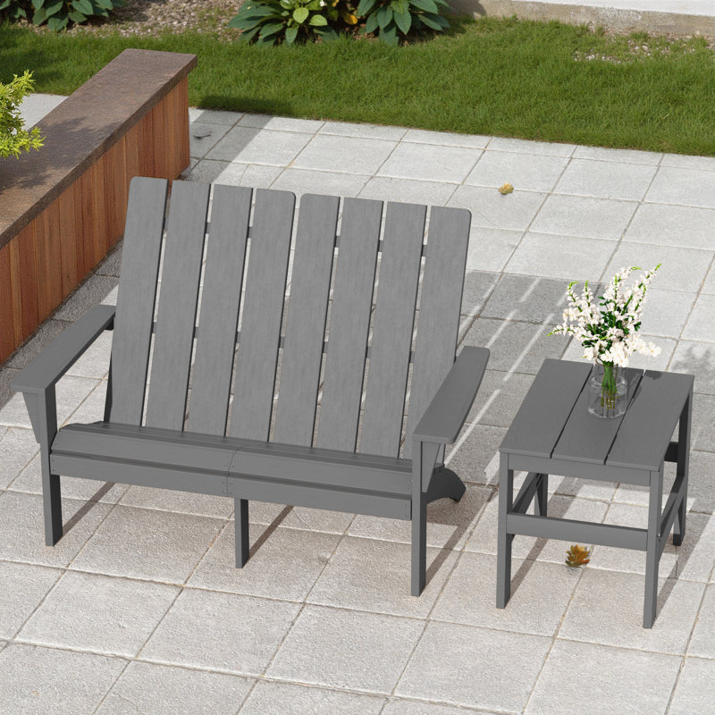 Modern Adirondack Outdoor Loveseat With Side Table, Weather-Resistant Patio Seating Set For Backyard Comfort, Gray