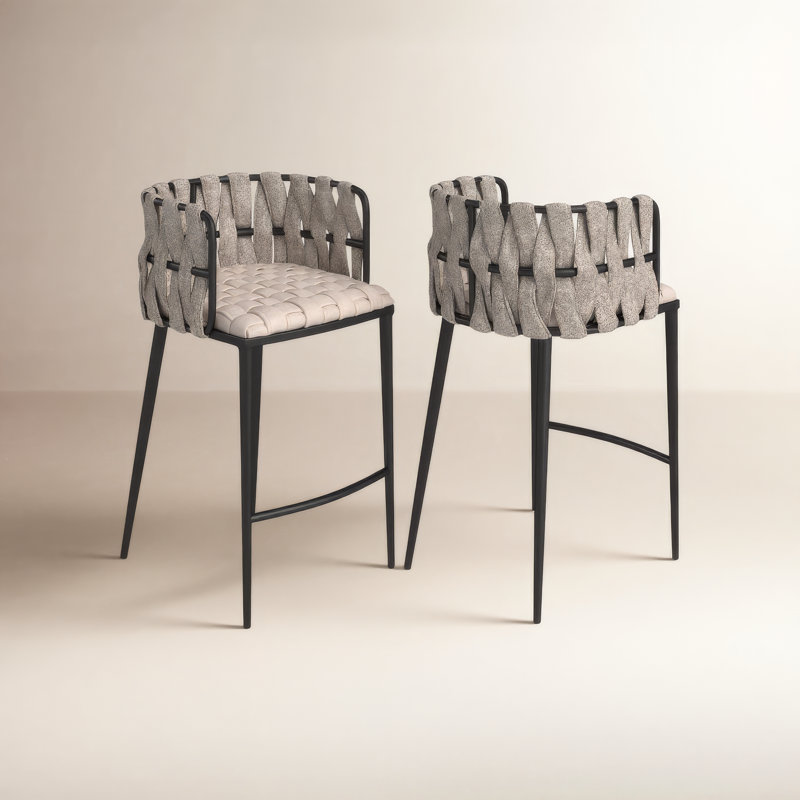 Tabouret de comptoir 27 po Tyrone avec dossier tissé et pieds en métal, Noir, Beige