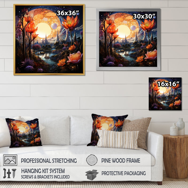 Ville de fleurs, paysages fantastiques I sur toile, Cadre flottant doré, H 36 po x l 36 po x P 1,5 po