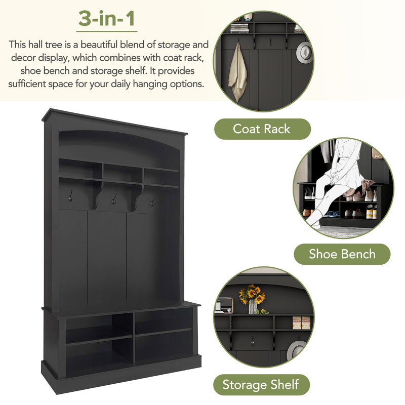 Portemanteau de 47,2 po de largeur avec banc et rangement pour chaussures, banc de rangement multifonctionnel avec 3 crochets de suspension et espace de rangement ouvert, porte-manteau rectangulaire pour le couloir, noir ON-TREND
