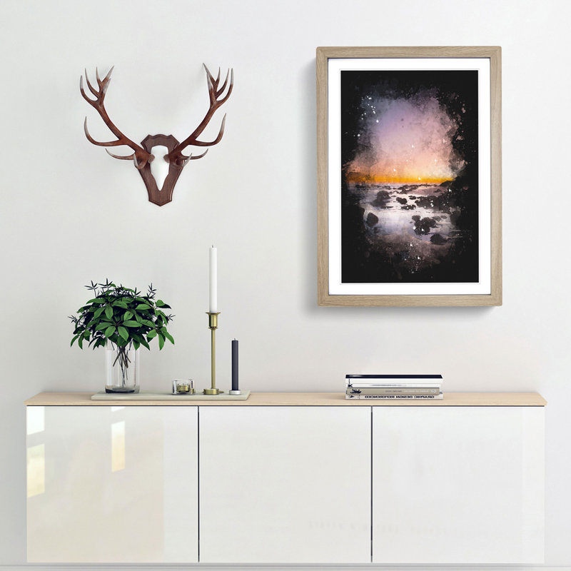Moon Above The Beach Paint Splash - Picture Frame Graphic Art, 63cm H x 45cm W x 2cm D, Oak Framed