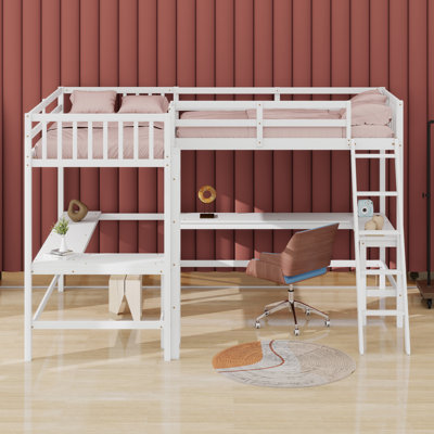 Wooden High Loftbed With Ladder，Safety Guardrail And 2 Built-In L-Shaped Desks