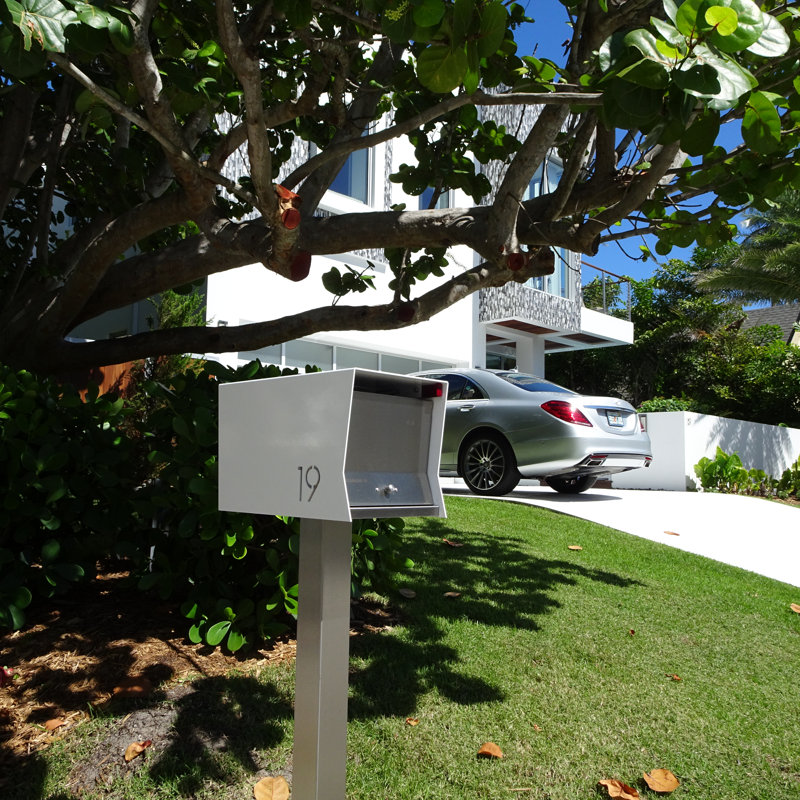 RetroBox Post Mounted Mailbox, White/Stainless Steel