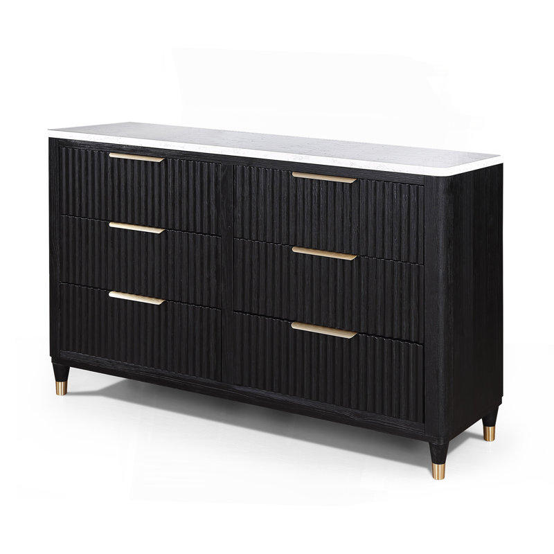 Esthétique moderne avec finition noire et amplement d'espace de rangement Six tiroirs 1 pièce Commode en pierre reconstituée avec quincaillerie entièrement en laiton