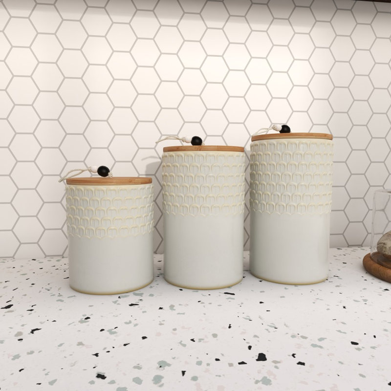 Ceramic Textured White Decorative Jars with Wood Lids and Beaded Accents Set