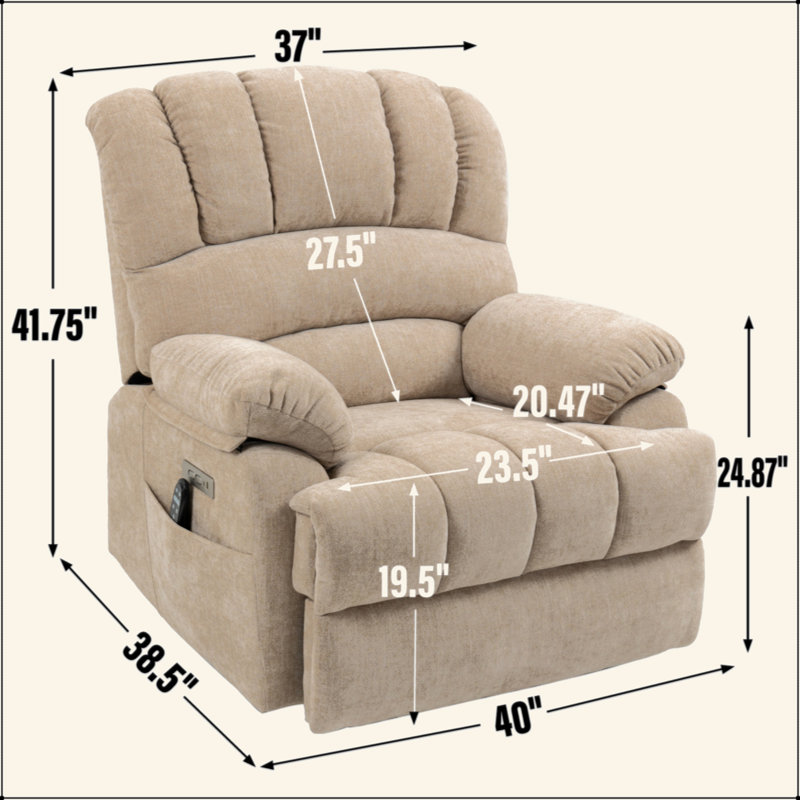23" Seat Width And High Back Large Size Beige Chenille Power Lift Recliner Chair With 8-Point Vibration Massage And Lumbar Heating
