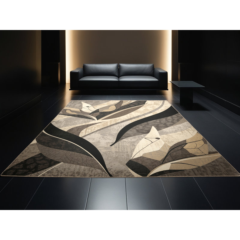 Machine Washable Ortmund Bird Of Paradise Modern & Contemporary Abstract Rug in Beige – Beige Binding, 3' Square