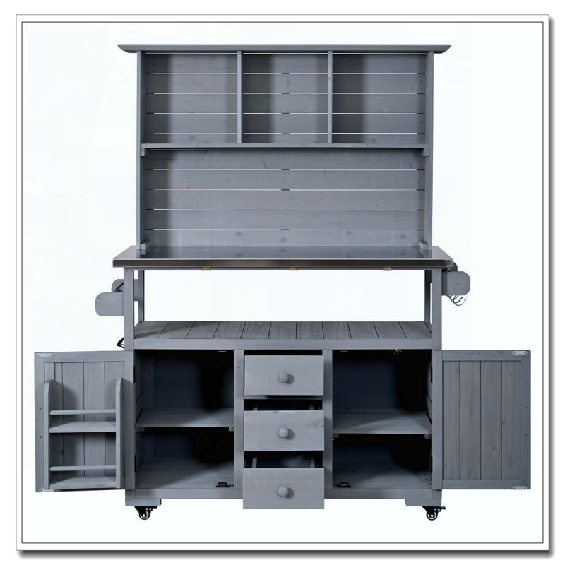 65''H Large Garden Storage Potting Bench with Lockable Wheels, Wood Outdoor Kitchen Island with Stainless Steel top, Gray