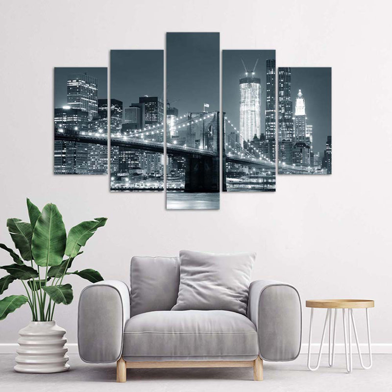 New York Bridge Black And White - 5 Piece Wrapped Canvas Print
