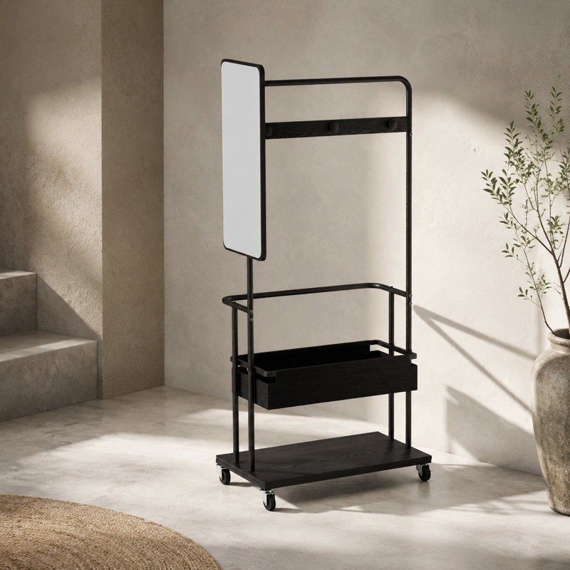 Porte-manteau mobile à roulettes, rangement 3 en 1 avec panier et miroir, noir, hauteur 168,6 cm
