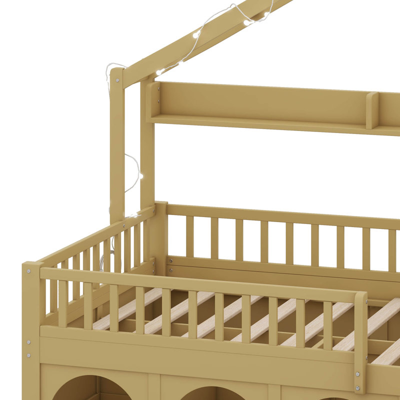 Structure de lit en bois avec toit et lumières DEL, lit avec tiroir de rangement et tablettes, garde-corps de sécurité
