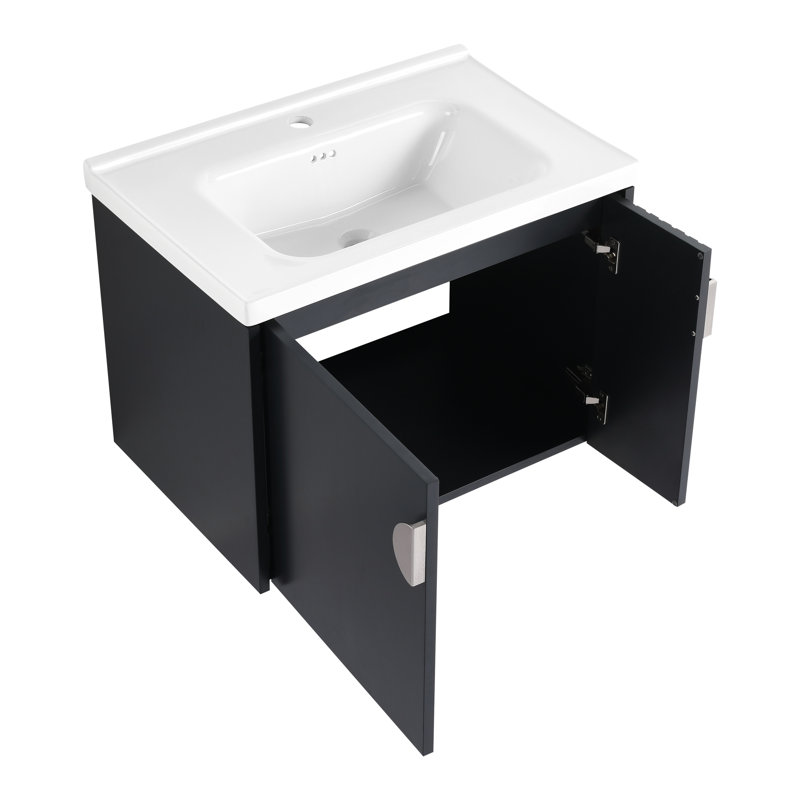 Meuble-lavabo 28 po avec lavabo en céramique - Porte murale à fermeture douce et poignées en métal pour salle de bain luxueuse