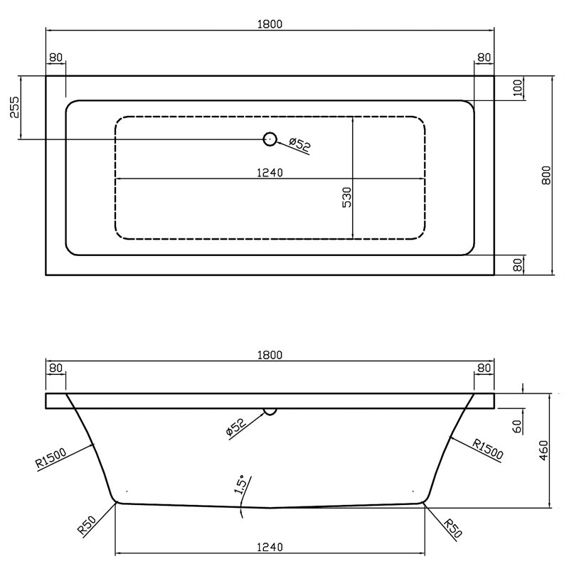 Asselby Square 1700mm Standard Acrylic Bathtub, 180 x 80cm