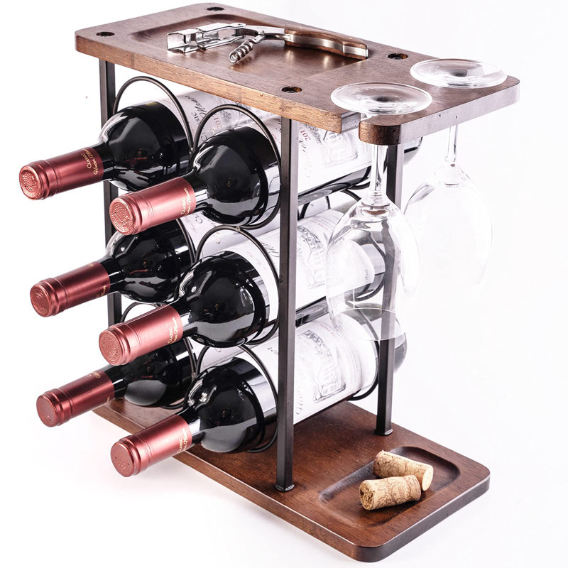 Blosse 6 Bottle Tabletop Wine Bottle & Glass Rack in Brown