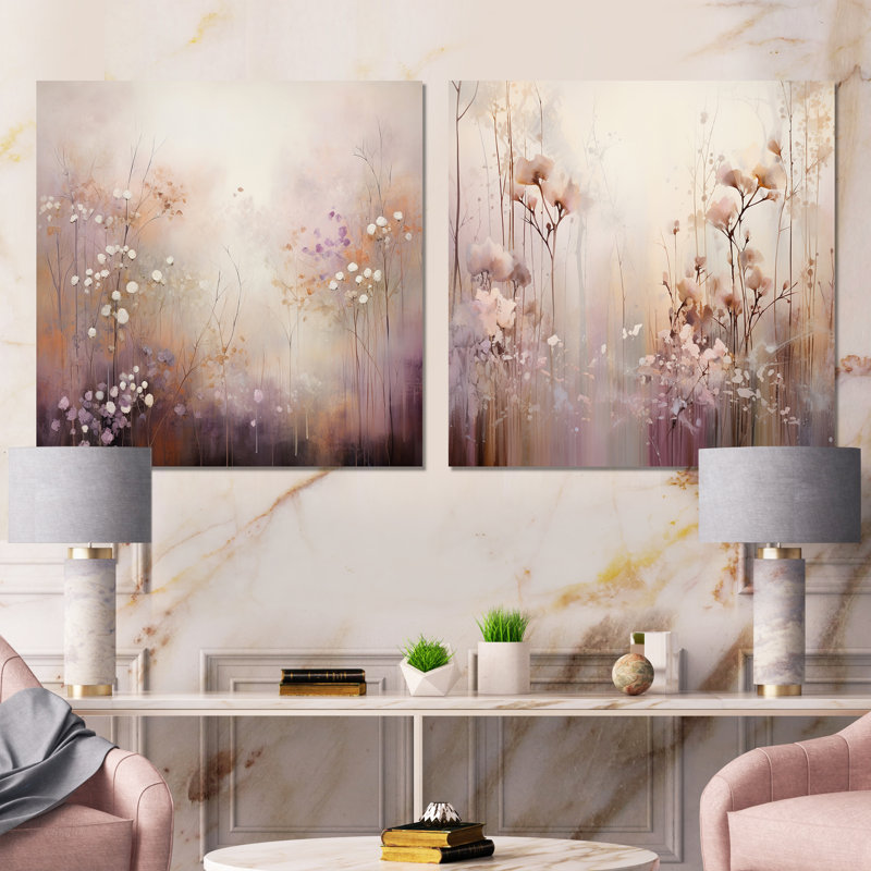 Beige Botanical Impressions - Ensemble de 2 collages carrés botaniques abstraits, Toile tendue, H 36 po x l 73 po