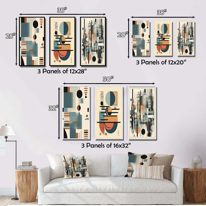 «Cream Blue Geometric Quiet Profondeurs», 3 pièces sur toile, Cadre flottant noir, H 40 po x l 60 po