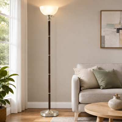 Walnut 72" wood torchiere floor lamp with a glass shade and rotary switch, combining mid-century modern and industrial reading-light styling for living rooms, bedrooms, home offices, and nurseries.