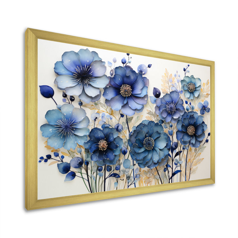 Blue Charm Blueflowers Pointillism I - Art mural encadré bleuets, Cadre doré simple, H 34 po x l 44 po x P 1,5 po