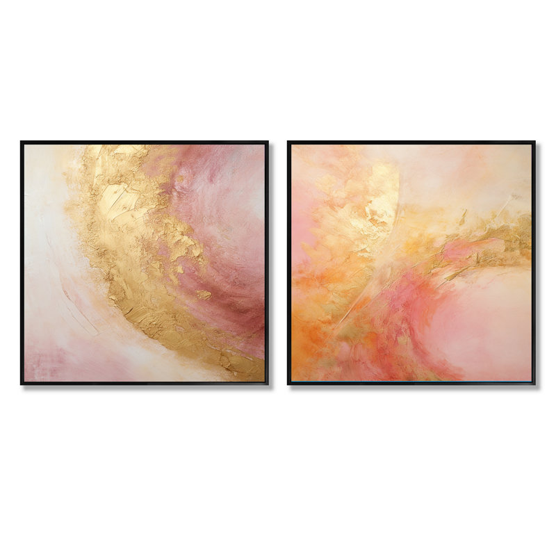 Doré rose désert Mirage Spiral I - abstrait spirales carrées ensemble de 2, Cadre flottant noir, H 16 po x l 33 po