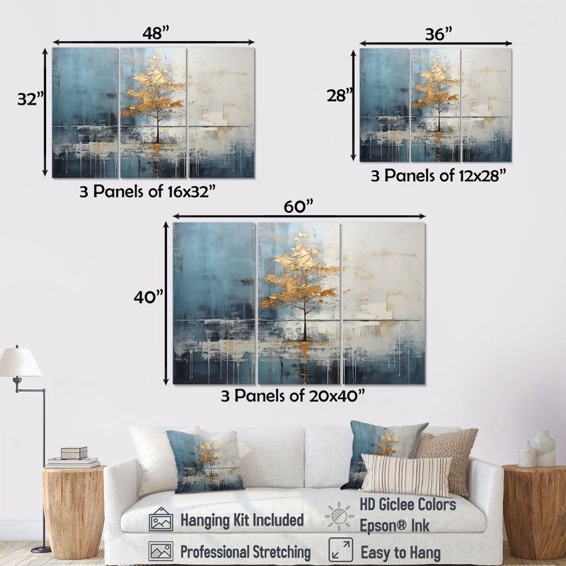 «Gold and Blue Bird Bloom Springtime IV», art mural sur toile, Toile tendue, H 40 po x l 61 po