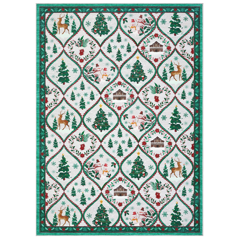 Tapis de Noël lavable des fêtes 5 x 7 avec envers antidérapant en TPR, tapis de Noël décoratif, revêtement de sol mince et doux, tapis imprimés pliables sans perte pour le salon, beige