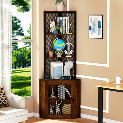 Armoire d'angle de 65 po avec tablettes, étagère de présentation à 6 niveaux et porte-verres à vin, rangement autoportant pour la cuisine, la chambre à coucher, portes brunes rustiques et balcon, plateforme