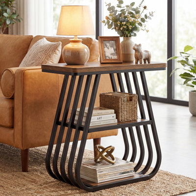 23.62" Wood And Metal End Table, Small Side Table With 3-Tier Shelves For Living Room, Bedroom
