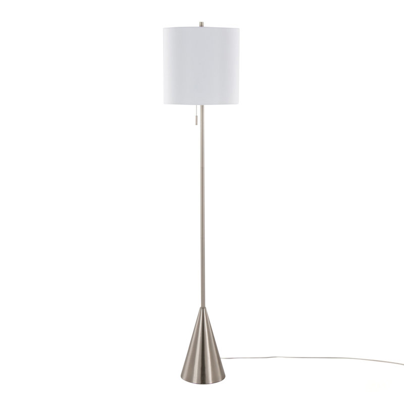 Lampe sur pied contemporaine en métal avec finition nickel brossé et abat-jour tambour en lin blanc Cone, Nickel brossé