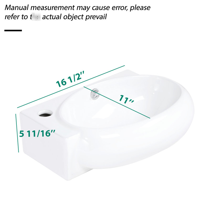 Lavabo de salle de bain mural en céramique blanc 16 x 11 pouces, trou de robinet simple, acide, surface lisse, faible absorption d'eau, résistance à l'apparence moderne, décor