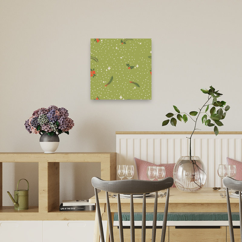 Christmas Holly Traditional Abstract Pine Poinsettia Winter Landscape Wall Art Print, 45.72cm H x 45.72cm W
