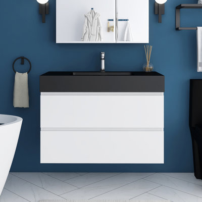 36'' Wall-Mounted Single Bathroom Vanity With Integrated Black Resin Sink