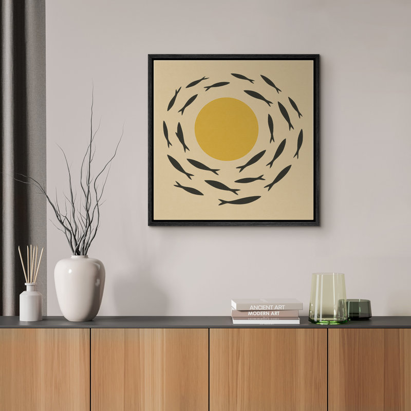 Reproduction d'art circulaire sur toile avec motif de poisson circulaire, H 24 po x l 24 po, Noir