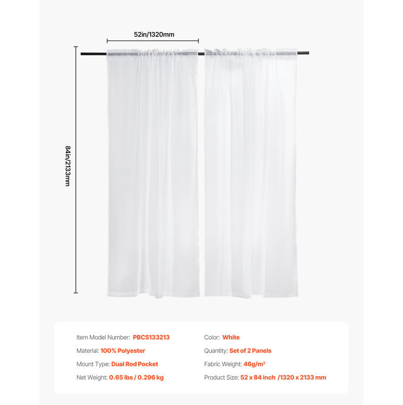 Rideaux transparents l 52 po x L 84 po 2 panneaux de rideaux en polyester avec passe-tringle