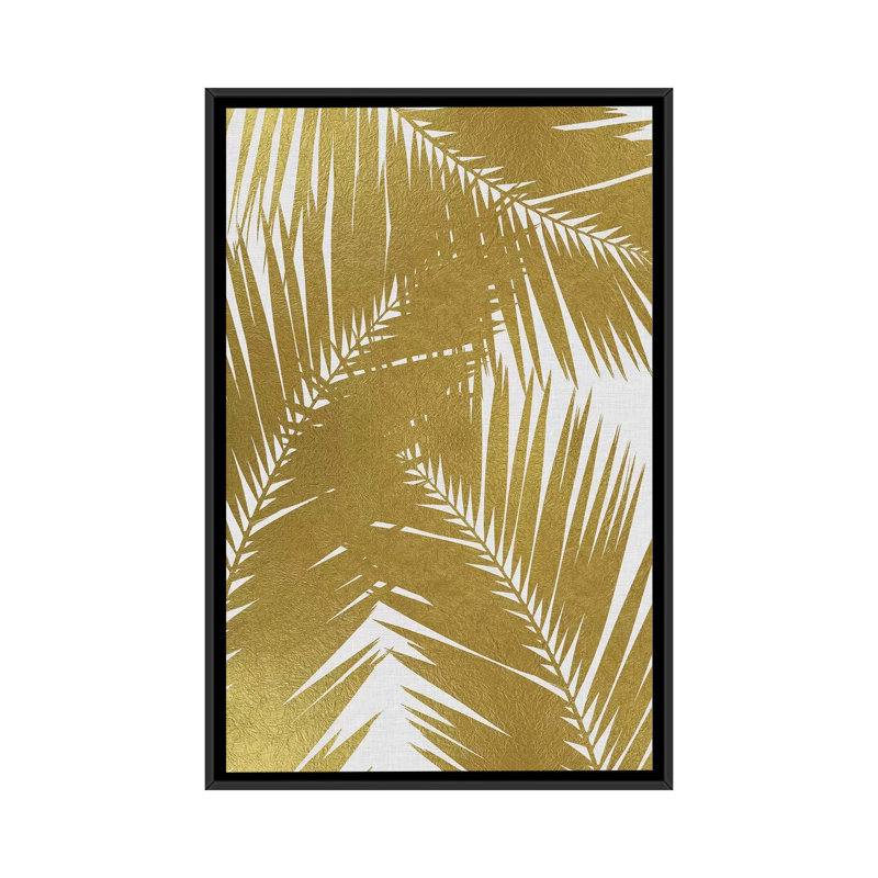 «Palm Leaf III», reproduction d'impression sur toile en or, H 26 po x l 18 po x P 1,5 po, Toile avec cadre noir, Pas de tapis