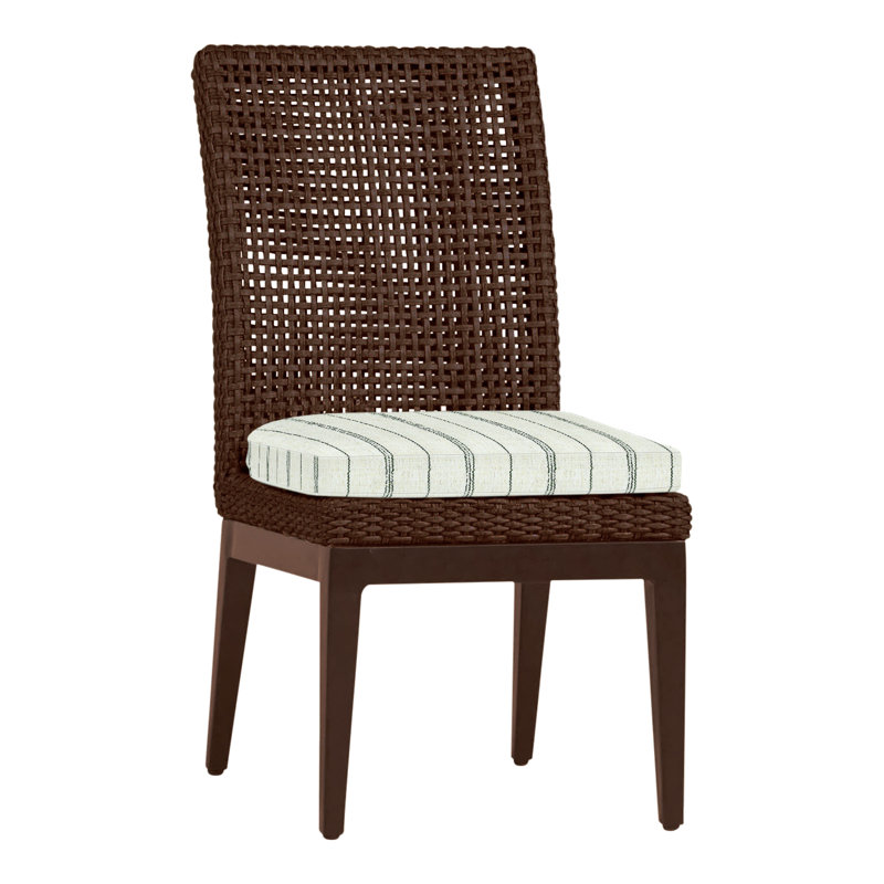 Peninsula Patio Dining Side Chair with Cushions, Mahogany/Chestnut, No Welt, Linen Forest