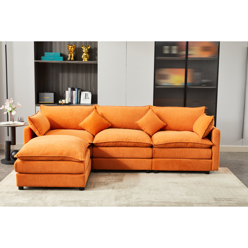 3 modulaires en chenille orange modulaire moderne en forme de L pour la chambre à coucher, combinaison confortable et flexible avec flexibilité du confort du salon amovible