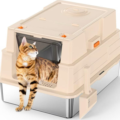Stainless Steel Cat Litter Box Of Big Dimensions, High - Sided To Contain And Keep Odor From Filling Space, Washable, Comes With , 20.21 In Wide Size Box, Litter, , Hook, Width