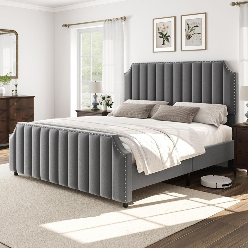 Platform Bed Frame with 50.2" Headboard, Velvet Upholstered Bed Frame with Vertical Channel Tufted Headboard & Footboard, Nailhead Trim, No Box Spring Needed