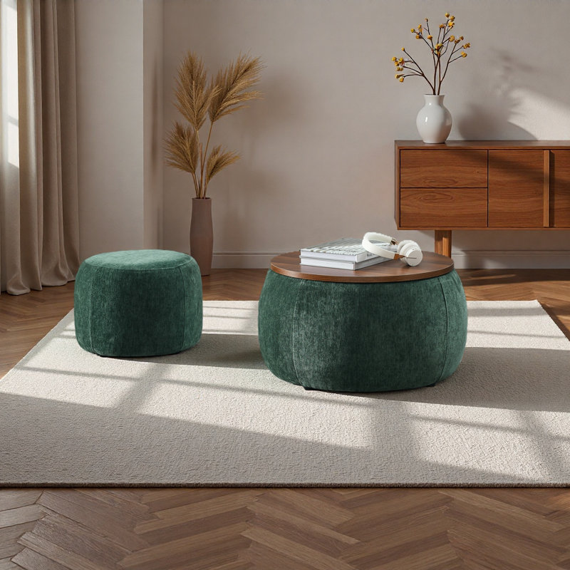 Repose-pieds rond avec rangement, fonction 2 en 1, comme table de bout et repose-pieds, avec petit siège (25 po x 25 po x 14,7 po)