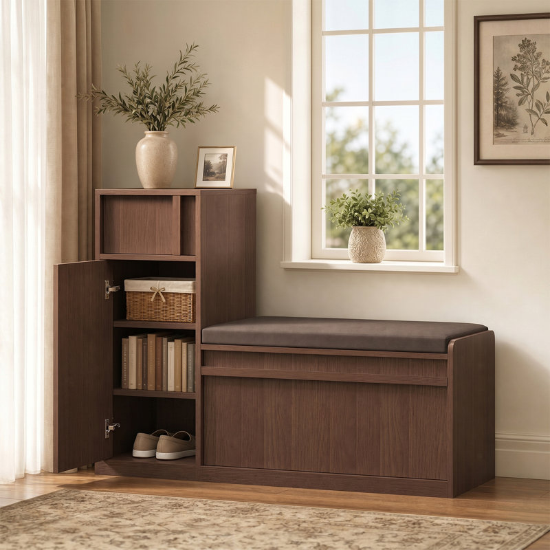 Banc de rangement en L 45,3 po, banc d'entrée avec rangement pour chaussures et coussin, Panneau plat